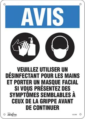 Enseigne avec avis pour désinfectant et masque